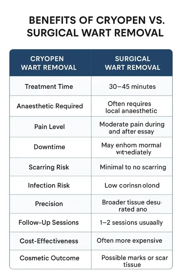 Table showing the benefits of cryopen to remove warts Salisbury compared to surgical treatment